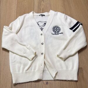 White Cardigan with V-Neck and Collegiate Stripes